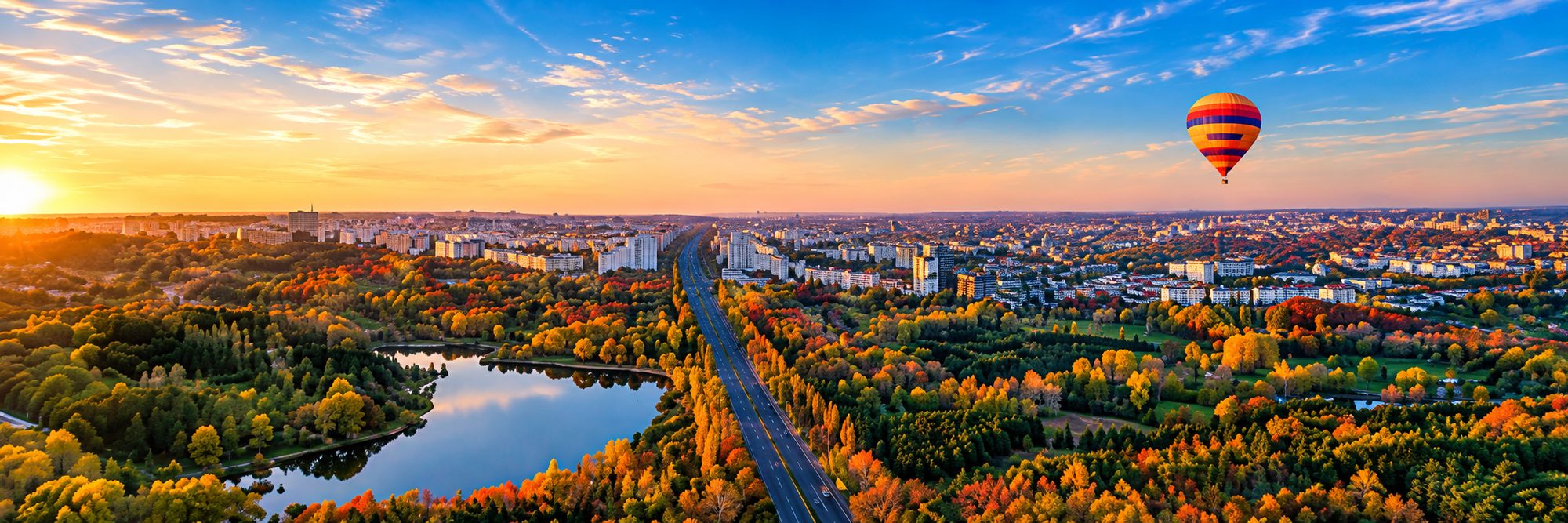 Aerial view of Chisinau at sunrise with a hot air balloon over the city