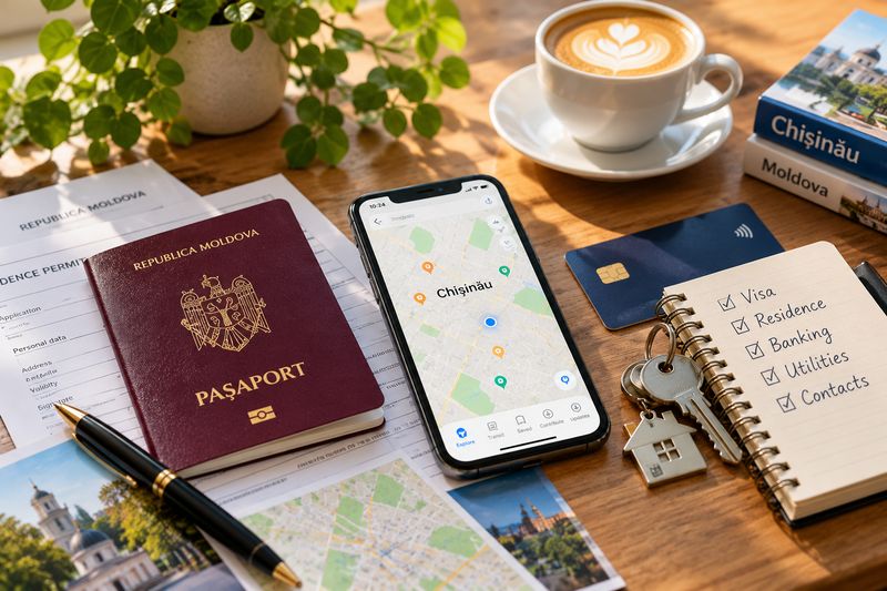 Passport, phone with a map of Chisinau, keys and a checklist